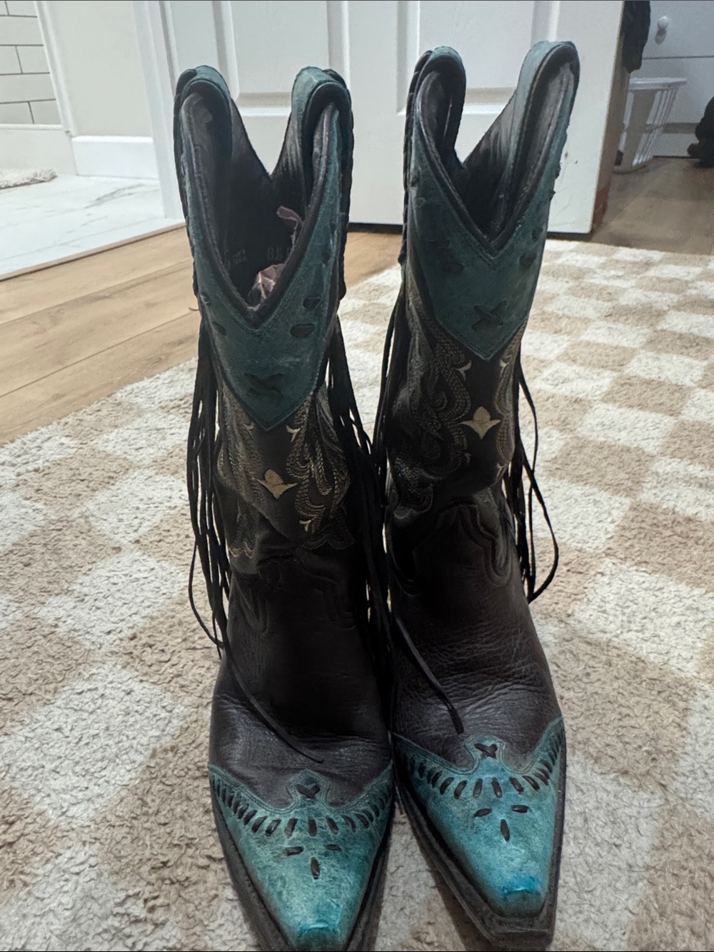 Lucchese Black and Teal Western Fringe Heeled Boots